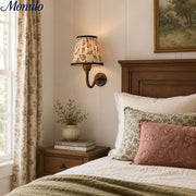Solmire Fabric Wall Sconce - Vintage Linen Cotton Shade with Curved Metal Arm for Bedroom and Hallway